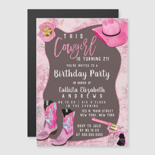 カントリーピンクグリッター女性のカーボーイ水彩誕生日 マグネット招待状 (正面/裏面)