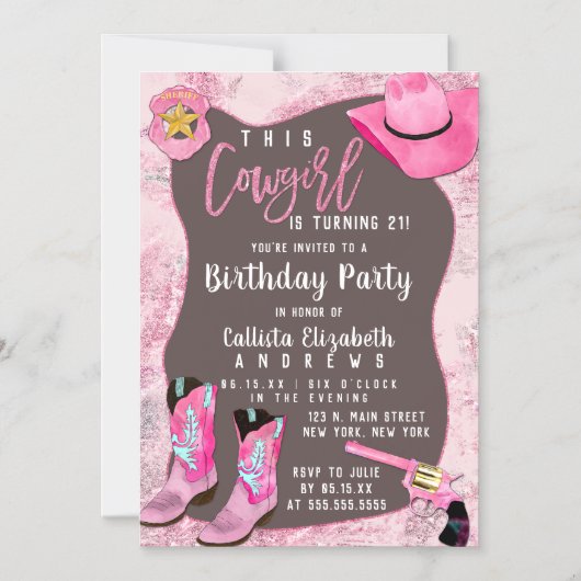 カントリーピンクグリッター女性のカーボーイ水彩誕生日 マグネット招待状 (正面)