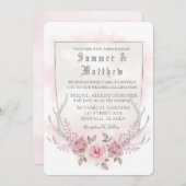 カントリーピンクグレーウォーターカラー牡丹〔雄ジカの〕枝角結婚ズ 招待状 (正面/裏面)