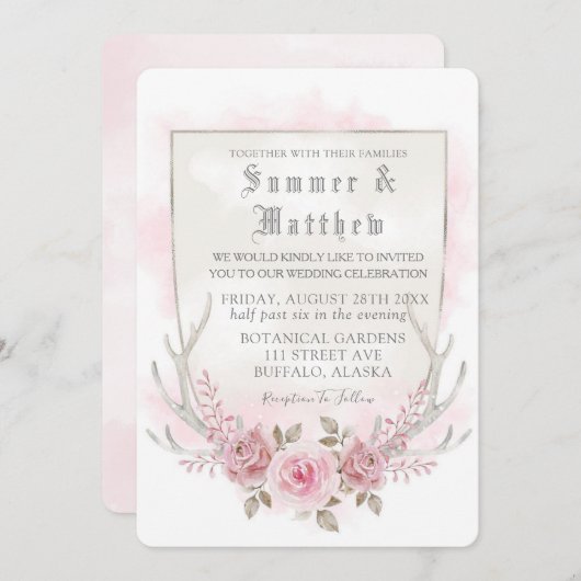 カントリーピンクグレーウォーターカラー牡丹〔雄ジカの〕枝角結婚ズ 招待状 (正面/裏面)