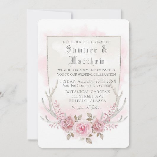 カントリーピンクグレーウォーターカラー牡丹〔雄ジカの〕枝角結婚ズ 招待状 (正面)