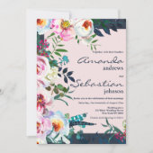 カントリーピンクティール（緑がかった色）薄紫水彩フローラ結婚ズ 招待状 (正面)