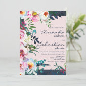 カントリーピンクティール（緑がかった色）薄紫水彩フローラ結婚ズ 招待状 (スタンド正面)