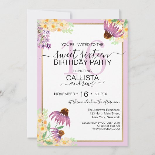 カントリーピンクパープルイエローワイルドフラワースウィート16 招待状 (正面)