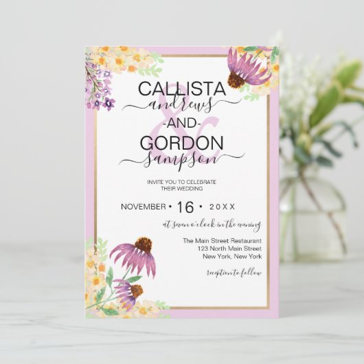 カントリーピンクパープルイエローワイルドフラワー結婚ズ 招待状 (スタンド正面)