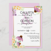 カントリーピンクパープルイエローワイルドフラワー結婚ズ 招待状 (正面/裏面)