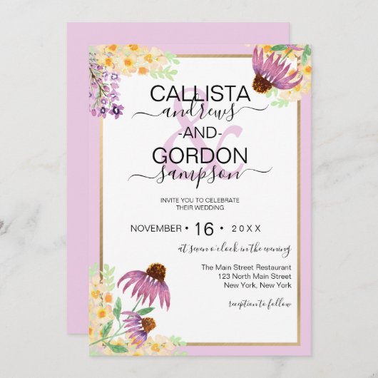 カントリーピンクパープルイエローワイルドフラワー結婚ズ 招待状 (正面/裏面)