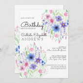 カントリーピンクパープルフローラ水彩誕生日 招待状 (正面/裏面)