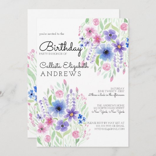 カントリーピンクパープルフローラ水彩誕生日 招待状 (正面/裏面)