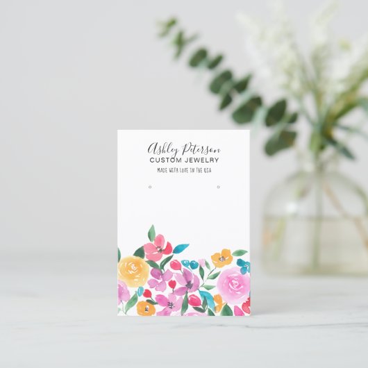 カントリーピンクフローラ水彩イヤリングディスプレイ 名刺 (スタンド正面)