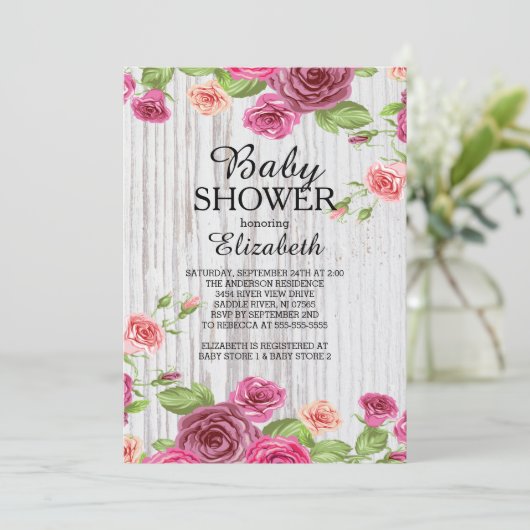 カントリーピンクローゼズウッドベビーシャワー招待状 招待状 (スタンド正面)