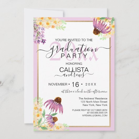 カントリーピンク紫色の黄色い野生の花卒業 招待状 (正面)