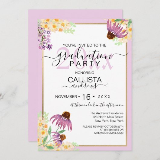 カントリーピンク紫色の黄色い野生の花卒業 招待状 (正面/裏面)