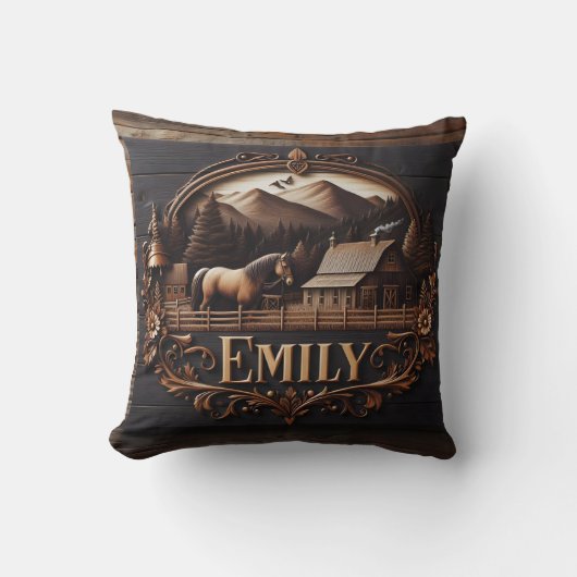 カントリーファームでのエミリーの木彫り看板 クッション (正面)
