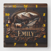 カントリーファームでのエミリーの木彫り看板 スクエア壁時計 (正面)