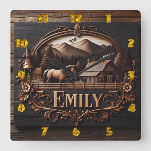 カントリーファームでのエミリーの木彫り看板 スクエア壁時計 (正面)