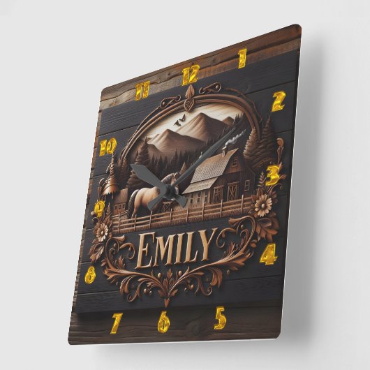 カントリーファームでのエミリーの木彫り看板 スクエア壁時計 (傾斜)