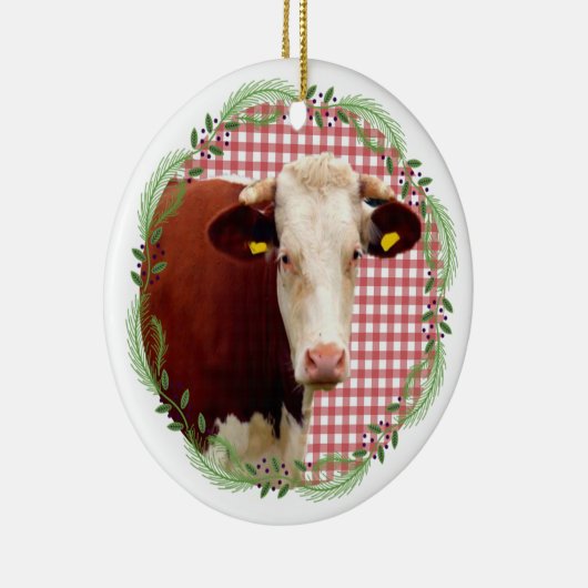 カントリーファームアニマルカウギンガムクリスマスリース セラミックオーナメント (右)