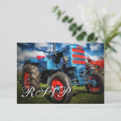 カントリーファームトラクターブルーウェディングRSVPカード 出欠カード (スタンド正面)