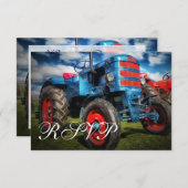 カントリーファームトラクターブルーウェディングRSVPカード 出欠カード (正面/裏面)
