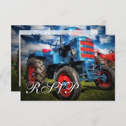 カントリーファームトラクターブルーウェディングRSVPカード 出欠カード (正面/裏面)