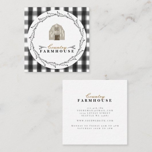 カントリーファームハウス素朴リースプレイドチェック スクエア名刺 (正面/裏面)