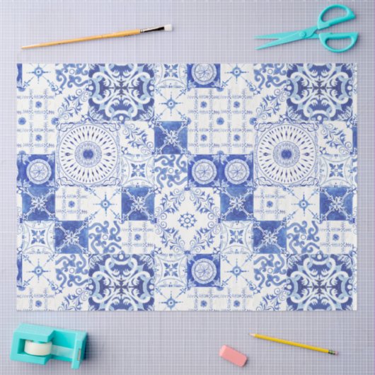 カントリーファームハフランスのウスブルーホワイトタイルデクページ 薄葉紙 (クラフト)