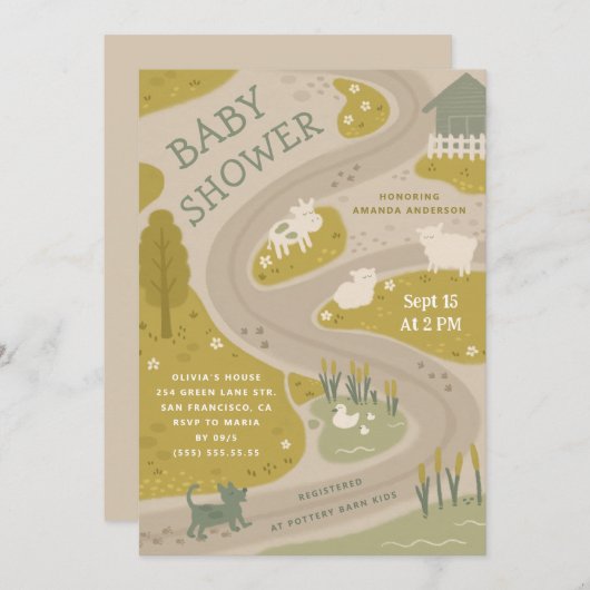 カントリーファーム動物田舎の素朴な赤ちゃんシャワー 招待状 (正面/裏面)