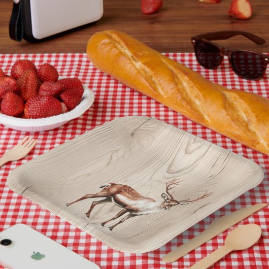 カントリーフェイクウッドディアー誕生日 ペーパープレート (ピクニック)