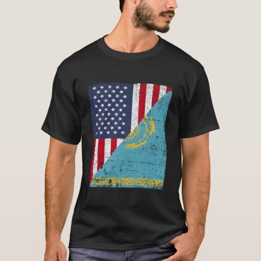カントリーフラッグハーフアメリカ半カザフスタン Tシャツ (正面)