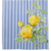 カントリーフランスのイエローローズオンブルーストライプローズ シャワーカーテン (正面)