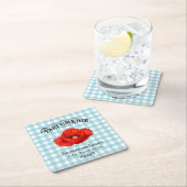 カントリーフランスの香水レッドポピーティール（緑がかった色）市松模様に スクエアペーパーコースター (インサイチュ)