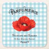 カントリーフランスの香水レッドポピーティール（緑がかった色）市松模様に スクエアペーパーコースター (正面)