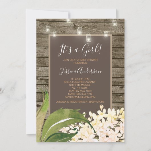 カントリーフローラメイスンジャイルストリングライトベイビーシャワー 招待状 (正面)