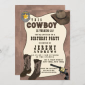 カントリーブラウンカウボーイウォーターカラー誕生日 招待状 (正面/裏面)