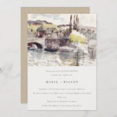 カントリーブリッジリバーサイドウォーターカラーカップルシャワー 招待状 (正面/裏面)