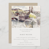 カントリーブリッジリバーサイドウォーターカラーブライダルシャワー 招待状 (正面/裏面)