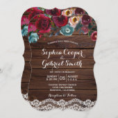 カントリーブルガンディネイビーフローラレース |ウッド結婚ズ 招待状 (正面/裏面)