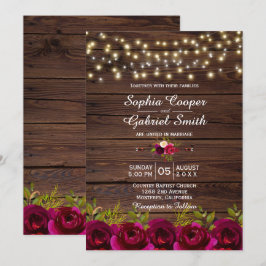 カントリーブルゴーニュフローラストリングライトウッド結婚ズ 招待状