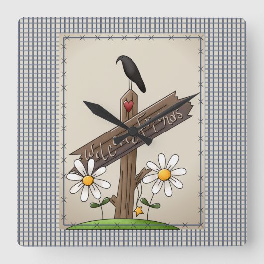 カントリーブルーギンガムウェルカムフレンズ スクエア壁時計 (正面)