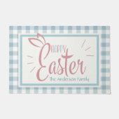 カントリーブルーギンガムハッピーイースター パーソナライズされた ドアマット (正面)