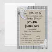 カントリーブルーチェッカーズホワイトローズブライダルシャワー 招待状 (正面/裏面)