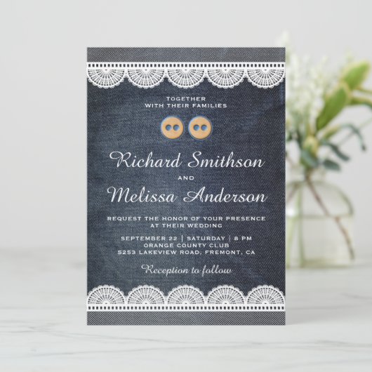 カントリーブルーデニムホワイトレース結婚式招待状 招待状 (スタンド正面)