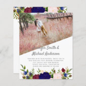 カントリーブルーブルゴーニュピンクのフローラ結婚式の招待 (正面/裏面)