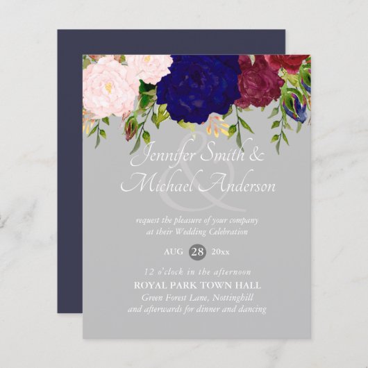 カントリーブルーブルゴーニュピンクのフローラ結婚式の招待 (正面/裏面)