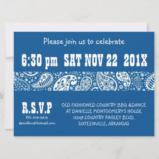 カントリーブルーペイズリーガールフォトスイート16thパーティー 招待状 (裏面)