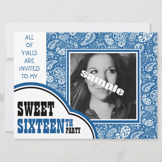カントリーブルーペイズリーガールフォトスイート16thパーティー 招待状 (正面)
