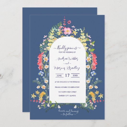カントリーブルー素朴ワイルドフラワーの水彩 招待状 (正面/裏面)