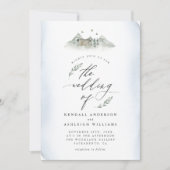 カントリーブルー葉ウォーターカラー&マウンテン結婚ズ 招待状 (正面)