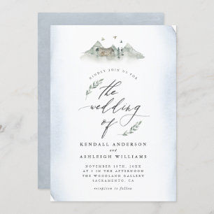 カントリーブルー葉ウォーターカラー&マウンテン結婚ズ 招待状